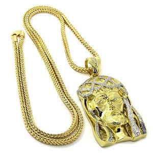 Mens 14k Gold Plated Iced Out Jesus Face Pendant